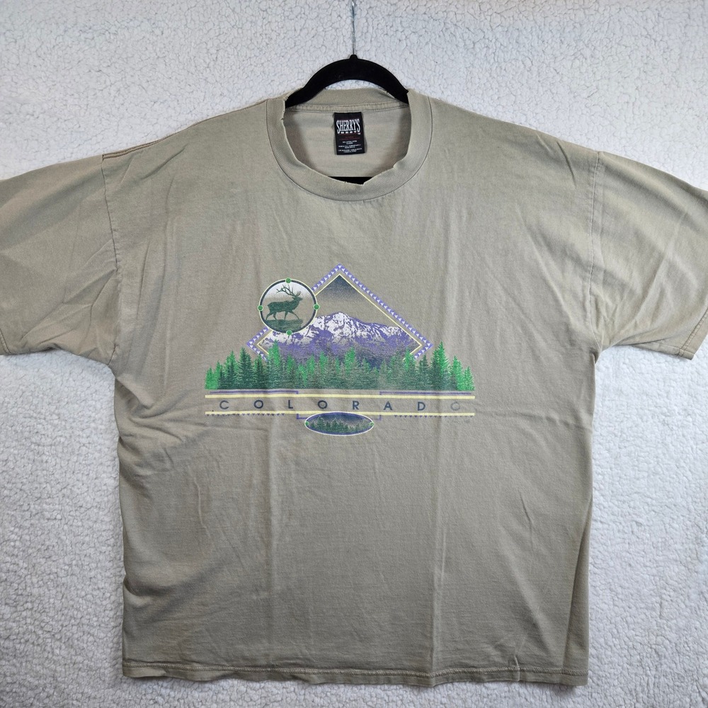 Sherry's Best T-Shirt Men XL Tan Vintage Colorado Mountain Elk Graphic Distress